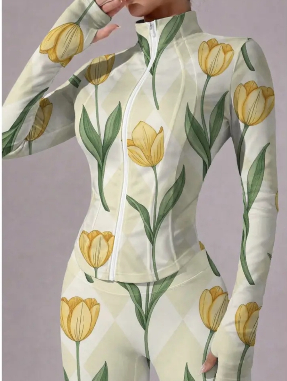 Floral Tulip Print Zip-Up Active Jacket - Yellow